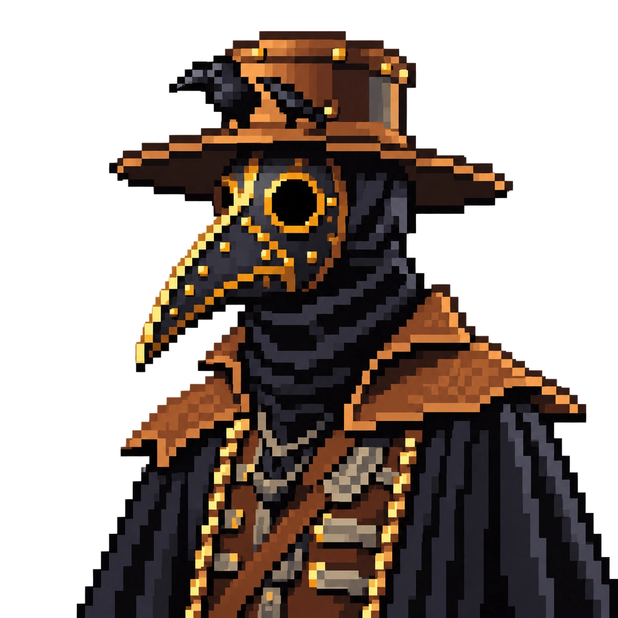 PIXPLAGUE, a pixel-art doctor with a brass beak mask, brown hat and a black crow
